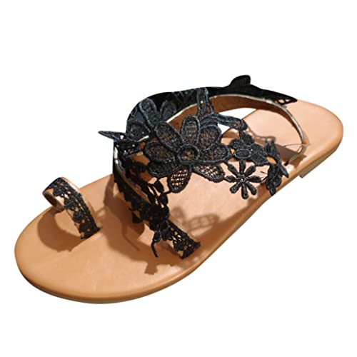 Dasongff Damen Riemchen Flache Sandalen Böhmen Strandsandalen Elegante Lace Spitze Blumen Sommerschuhe Freizeit Vintage Zehe Ring Gladiator Sandalen Römische Schuhe Zehentrenner Komfortable von Dasongff