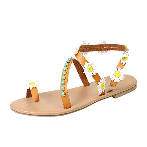 Dasongff Damen Riemchen Flache Sandalen Böhmen Strandsandalen Elegante Lace Spitze Blumen Sommerschuhe Freizeit Vintage Zehe Ring Gladiator Sandalen Römische Schuhe Zehentrenner Komfortable von Dasongff