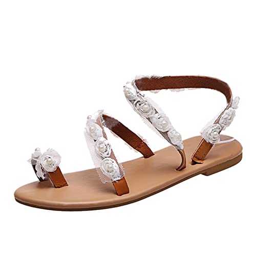 Dasongff Damen Riemchen Flache Sandalen Böhmen Strandsandalen Elegante Lace Spitze Blumen Sommerschuhe Freizeit Vintage Zehe Ring Gladiator Sandalen Römische Schuhe Zehentrenner Komfortable von Dasongff