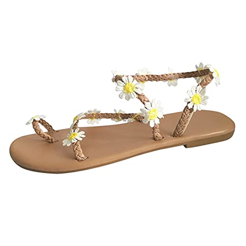 Dasongff Damen Riemchen Flache Sandalen Böhmen Strandsandalen Elegante Lace Spitze Blumen Sommerschuhe Freizeit Vintage Zehe Ring Gladiator Sandalen Römische Schuhe Zehentrenner Komfortable von Dasongff