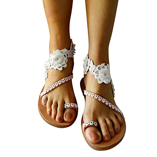 Dasongff Damen Riemchen Flache Sandalen Böhmen Strandsandalen Elegante Lace Spitze Blumen Sommerschuhe Freizeit Vintage Zehe Ring Gladiator Sandalen Römische Schuhe Zehentrenner Komfortable von Dasongff