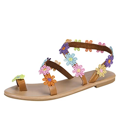 Dasongff Damen Riemchen Flache Sandalen Böhmen Strandsandalen Elegante Lace Spitze Blumen Sommerschuhe Freizeit Vintage Zehe Ring Gladiator Sandalen Römische Schuhe Zehentrenner Komfortable von Dasongff