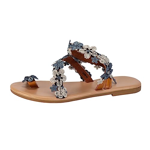 Dasongff Damen Riemchen Flache Sandalen Böhmen Strandsandalen Elegante Lace Spitze Blumen Sommerschuhe Freizeit Vintage Zehe Ring Gladiator Sandalen Römische Schuhe Zehentrenner von Dasongff