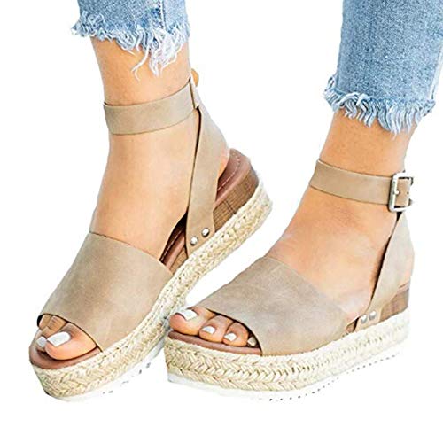 Dasongff Damen-Sandalen mit Keilabsatz, Flach, Offene Zehenpartie, Kunstleder, Knöchelriemen, Schnalle, Modisch, Bequem, Lässig, Espadrilles Frauen Keilsandalen Sommerschuhe Sandaletten ZehSchuhe von Dasongff