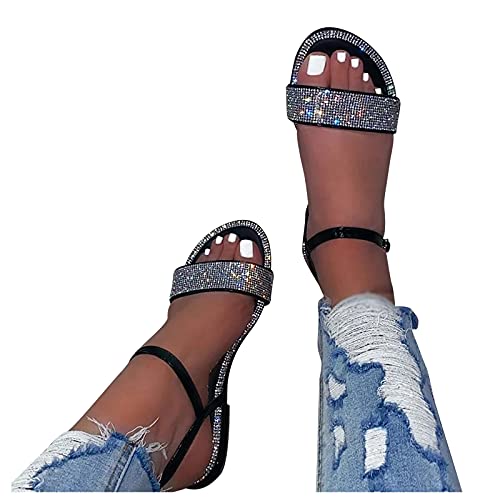 Dasongff Damen Sandalen mit Riemchen Strass Glitzer Glänzend Sandaletten Klassischer Flache Pantoletten Riemchensandalen Elegante Bequem Strandsandalen Abendschuhe Sommerschuhe von Dasongff