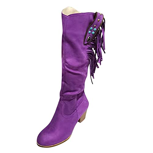 Dasongff Damen Stiefel mit Absatz Fransenstiefel Kniehohe Stiefeletten Flache Absätze Fransen Warm Cowboy-Stiefel Lange Boots Winterschuhe Ankle Boots Spitz Schneestiefel Herbst Winter, Violett, 42EU von Dasongff