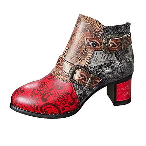 Dasongff Damen Stiefeletten mit Absatz Kurze Stiefel Frauen Warme rutschfest Schlupfstiefel Retro Bunte Patchwork Blumen Vintage Stiefeletten Kurzstiefel 2023 Herbst Winter Schuhe Party Schuhe von Dasongff