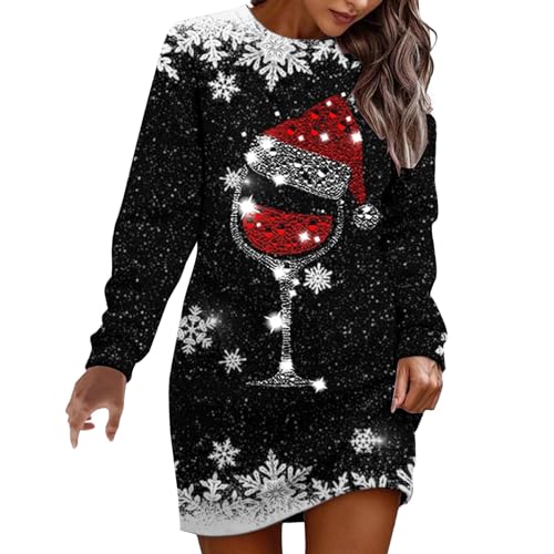 Dasongff Damen Weihnachtskleider Weihnachten Gedruckt Lose Kleid Langärmelige Festliches Partykleid Langarm Rundhals Kleid Weihnachtskleid von Dasongff