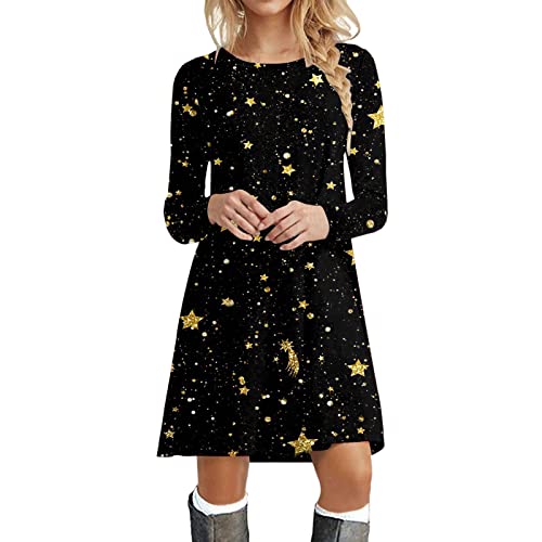 Dasongff Damen Weihnachtskleider Weihnachten Gedruckt Lose Kleid Langärmelige Festliches Partykleid Langarm Rundhals Kleid Weihnachtskleid von Dasongff