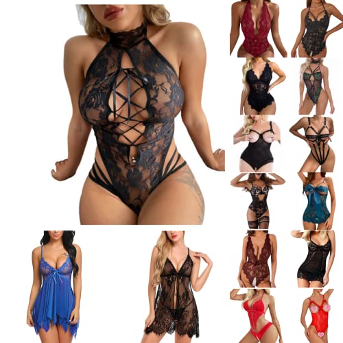 Dasongff Damen Sexy Reizwäsche Spitze Negligee Transparente Unterwäsche V-Ausschnitt Babydoll Lingerie Negligee Nachtwäsche Dessous Set 2 Stück BH und Höschen Set mit G-String von Dasongff