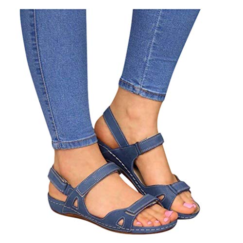 Dasongff Frauen Flache Sandalen Sommer Offene Schuhe mit Klettverschluss Spitze Feste Faux Leder Orthopädische Casual Plattform Rom Damen Elegante Flip Flops Freizeit von Dasongff