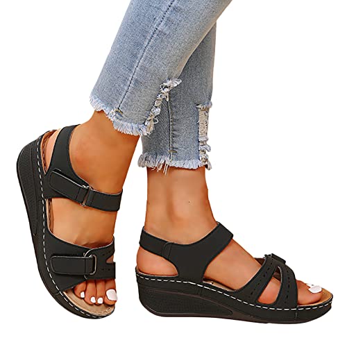 Dasongff Frauen Flache Sandalen Sommer Offene Schuhe mit Klettverschluss Spitze Feste Faux Leder Orthopädische Casual Plattform Rom Damen Elegante Flip Flops Freizeit von Dasongff