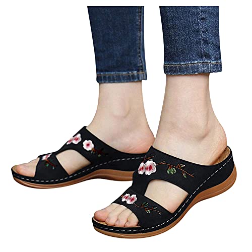 Dasongff Hausschuhe Damen Sommer Pantoletten Orthopädische Sandalen Plateau Bestickte Pantoffeln Keilabsatz Schuhe Elegant Blumen Sandaletten Casual Slippers Slingback Open Toe Sommerschuhe von Dasongff