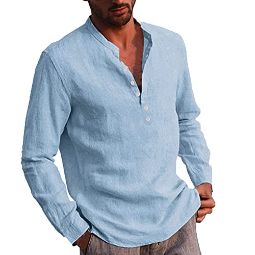 Dasongff Hemd Herren Langarm Sommerhemd Henley Shirt Langarmhemd Männer Freizeithemd mit Button-down Businesshemd Regular Fit Kragenloses Bequemes Herrenhemd Men Shirts Hemd Einfarbig von Dasongff