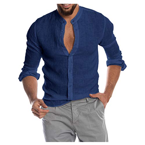 Dasongff Herren Hemd Stehkragen V-Ausschnitt Leinenhemd mit Knopfleiste Langarm T-Shirt Sport Fitness Freizeithemd Männer Langarmshirt Casual Einfarbig Shirt Sommer Button-down Hawaiihemd von Dasongff