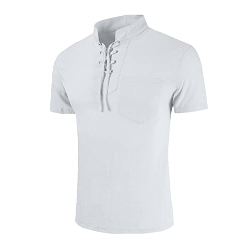 Dasongff Herren Leinenhemd Kurzarm Sommerhemd Mittelalter Mit Schnürung Sommer Regular Fit Hemden Baumwolle T Shirt Einfarbig Slim Fit Freizeithemd Leinen Optik Kurzarmhemd Bequemes Hemd von Dasongff