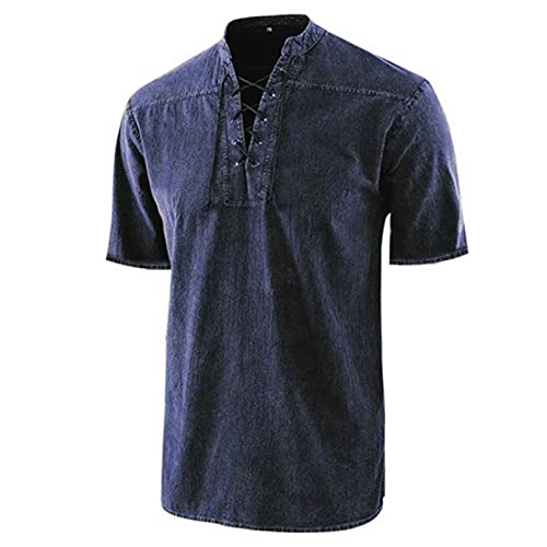 Dasongff Herren Leinenhemd Kurzarm Sommerhemd Mittelalter Mit Schnürung Sommer Regular Fit Hemden Baumwolle T Shirt Einfarbig Slim Fit Freizeithemd Leinen Optik Kurzarmhemd Bequemes von Dasongff