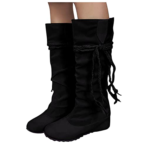 Dasongff Hohe Stiefel für Damen Stiefeletten Ankle Boots Fransen Langschaft Winterschuhe Retro-Stil Quaste Reiterstiefel Schuhe Kniehohe Schuhe Runde Zehen Halblange Stiefel Winter Herbst von Dasongff