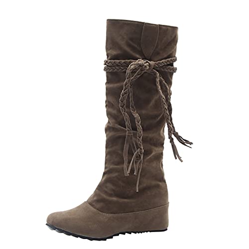 Dasongff Hohe Stiefel für Damen Stiefeletten Ankle Boots Fransen Langschaft Winterschuhe Retro-Stil Quaste Reiterstiefel Schuhe Kniehohe Schuhe Runde Zehen Halblange Stiefel Winter Herbst von Dasongff