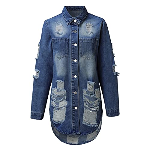 Dasongff Jeansjacke Damen Lang Dünne Sweatjacke Boyfriend Oversized Taschen Mäntel Vintage Rissen Jeans Denim Jacket Destroyed Langhülse Lose Mädchen Cut Out Look … von Dasongff