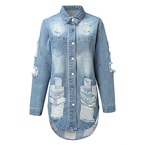 Dasongff Jeansjacke Damen Lang Dünne Sweatjacke Boyfriend Oversized Taschen Mäntel Vintage Rissen Jeans Denim Jacket Destroyed Langhülse Lose Mädchen Cut Out Look … von Dasongff