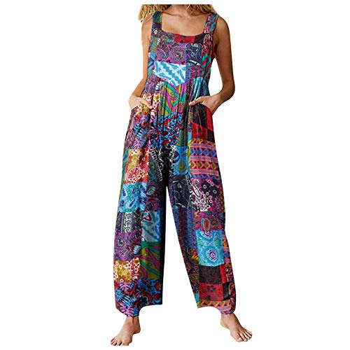 Dasongff Latzhosen Damen Breites Bein Hosen Oversize Lang Overall Einteiler Ärmellos Locker Jumpsuit Boho Baggy Retro Sommerhose Strampler Rompers Wide Leg Bunt Playsuit von Dasongff