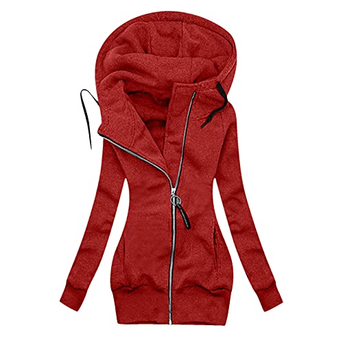 Dasongff Mantel Damen Winter Kapuzenmantel Einfarbig Lange Sweatshirts Lässiger Durchgehender Kordelzug mit Taschen Kurz Kapuzenpullover Hoodie Kapuzenjacke, XXL, A-rot von Dasongff