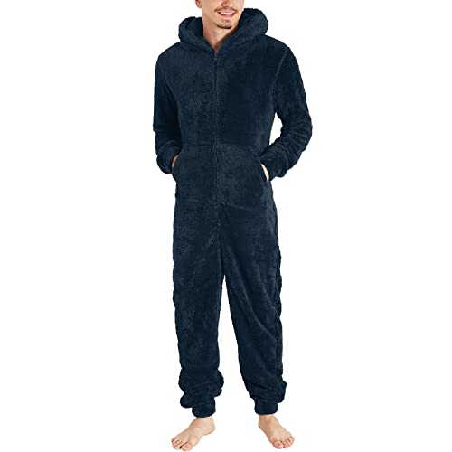 Dasongff Nachtwäsche Herren Warm Fleece Overall Pyjama Langarm Einteiler Hoodies Schlafanzug Einteiler Winter Thermo Homewear Schlafoverall Jumpsuit Onesie mit Kapuze Hausanzug Jumpsuit Strampler von Dasongff