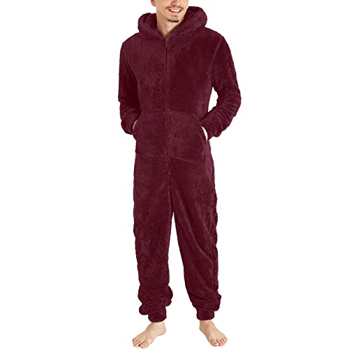 Dasongff Nachtwäsche Herren Warm Fleece Overall Pyjama Langarm Einteiler Hoodies Schlafanzug Einteiler Winter Thermo Homewear Schlafoverall Jumpsuit Onesie mit Kapuze Hausanzug Jumpsuit Strampler von Dasongff