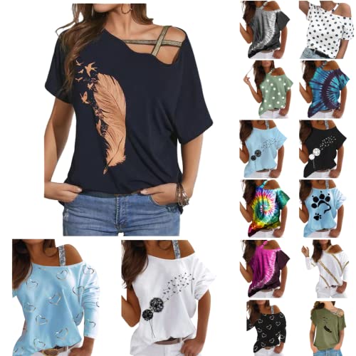 Dasongff Oberteile Frauen Bluse Sommer T-Shirt Damen Elegantes Off-Shoulder Top Bequem Kurzarm Shirt Freizeit Feder Print Tees Damenbluse Sweatshirts Hemd Tunika Sommertop Blusentops von Dasongff