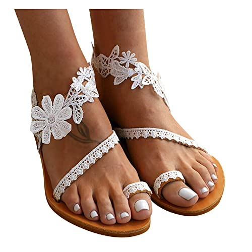 Dasongff Riemchen Sandalen Damen Flache Böhmen Strandsandalen Elegante Lace Spitze Blumen Sommerschuhe Freizeit Vintage Zehe Ring Gladiator Sandalen Römische Schuhe Zehentrenner Komfortable von Dasongff