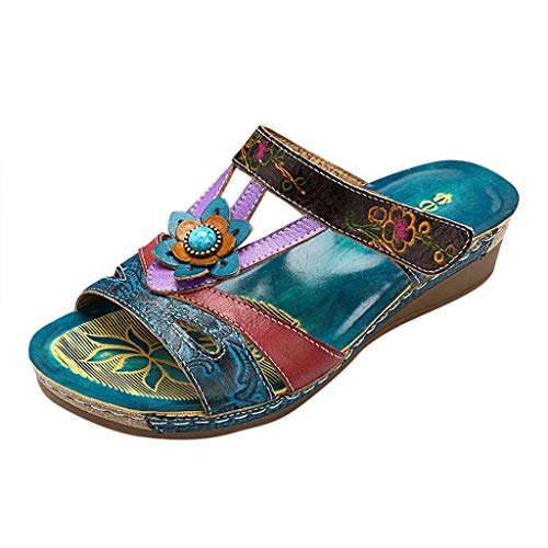 Dasongff Sandalen Damen PU Leder Sommer Bunte Schuhe Outdoor Handgefertigt Blumen Pantoletten Leicht Hausschuhe Vintage Flache Urlaub Freizeit Schuhe Hollow Out Strandschuhe von Dasongff