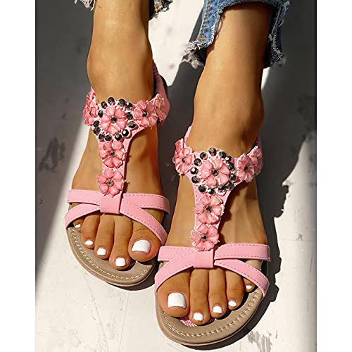 Sandalen Damen Sommer Blumen-Perlen Riemchenpumps Slipper Elegante Sommerschuhe Bohemian Römersandalen Flache Flip Flops Pantoletten Sandaletten Damensandalen von Dasongff