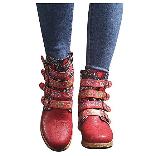 Dasongff Stiefeletten Damen mit Absatz Bunte Stiefel mit Lederschnalle und Reißverschluss Komfort Retro Runde Zehe Schlupfstiefel Spleißmuster Kurze Stiefel Herbst Winter Schuhe Enegant Party Schuhe von Dasongff