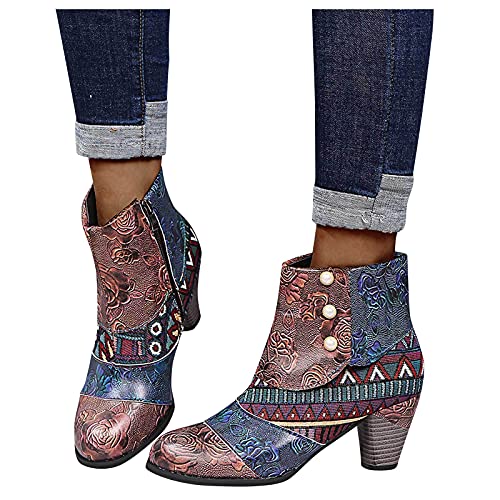 Dasongff Stiefeletten mit Absatz Damen Kurze Stiefel Frauen Warme Rutschfest Schlupfstiefel Retro Bunte Patchwork Blumen Vintage Stiefeletten Kurzstiefel 2022 Sommerstiefel Schuhe Party Schuhe von Dasongff