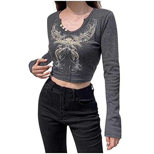 Dasongff Y2k T-Shirt Damen Crop Top Y2K Koreanisches Harajuku T-Shirt Spitze V-Ausschnitt Langarm Bluse Slim Fit Bauchfrei Oberteile Crop Top Hemd Frühling Sommer Langarmshirts E-Girl Streetwear von Dasongff