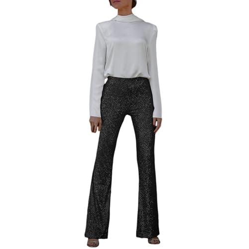 Glitzer Hose Damen Lang Schwarz Gold Große Größen Elegant - Shining Glitzerhose Pailletten Hose Silvester Festival High Waist Palazzo Lang Weite Hose Party Silber Bling 70er Hose Rave Freizeithose von Dasongff