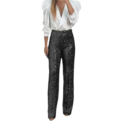 Glitzer Hose Damen Lang Schwarz Gold Große Größen Elegant - Shining Glitzerhose Pailletten Hose Silvester Festival High Waist Palazzo Lang Weite Hose Party Silber Bling 70er Hose Rave Freizeithose von Dasongff