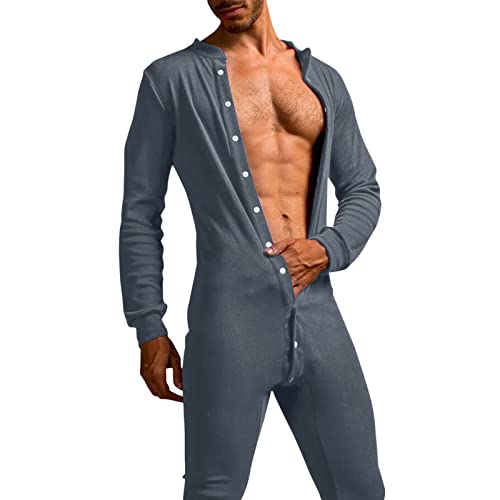 Herren Einteiler Body Bodysuit Langarm Shirt Unterhemd Jumpsuit mit Knöpfen im Schritt Einfarbige Thermounterwäsche Stretch Nachtwäsche Erwachsene Strampler Pyjama mit offenem Schritt für Männer von Dasongff