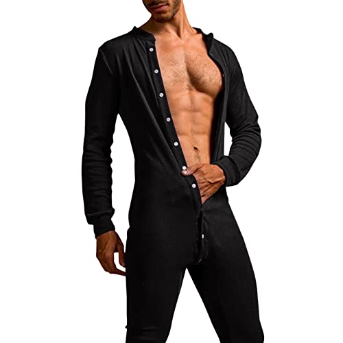 Herren Einteiler Body Bodysuit Langarm Shirt Unterhemd Jumpsuit mit Knöpfen im Schritt Einfarbige Thermounterwäsche Stretch Nachtwäsche Erwachsene Strampler Pyjama mit offenem Schritt für Männer von Dasongff