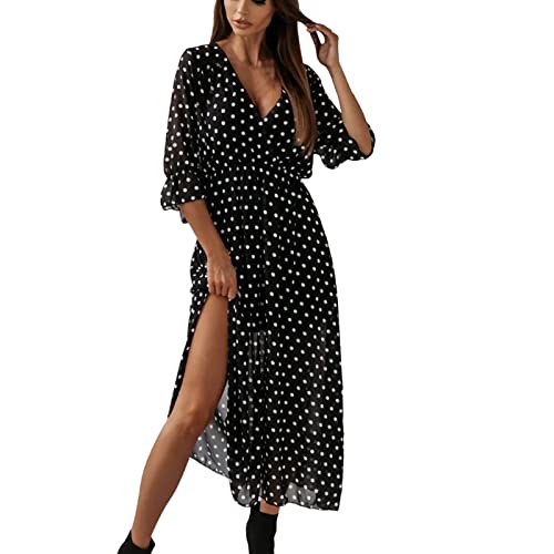 Sommerkleid Damen Blumen Kurzarm Blumenkleid Polka Dots Lose Kleid High Waist Midi Hemdkleid Strandkleider Sommer 3/4 Ärmel Elegant Maxikleider V-Ausschnitt Blusenkleid Boho Kleider für Alltag von Dasongff