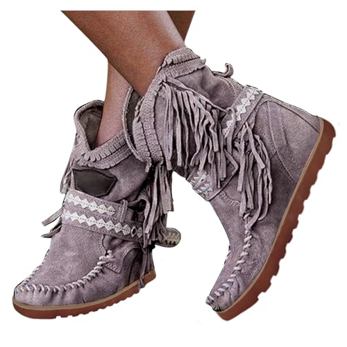 Stiefeletten mit Fransen Dasongff Ankle Boots Wildleder Veloursleder Niedrige Absätze Rom Retro Damenschuhe Flache British Style Stiefel Herbst Winter Schlupfstiefel Schuhe Damenstiefel Knöchelstiefel von Dasongff