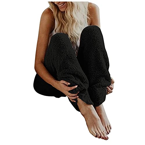 Teddy Fleece Hose, Damen Winter Warm Plüsch Freizeithose High Waist Elegant Winter Warm Hosen Frauen Elastischer Bund Flauschig Lang Einfarbig Freizeithose Yogahose Haushose Loose Schlafanzughose von Dasongff