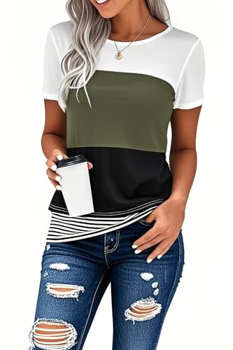 Daspkuwy Damen Kurzarm Strickpullover Casual Rundhals Elegante Colorblock Gestreifter Sweateshirt Pullover (Grün,XL) von Daspkuwy