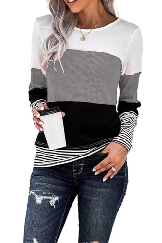 Daspkuwy Damen Leichte Strickpullover Langarm Colorblock Shirt Herbst Lässig Rundhals Elegant Sweatshirt Tunika Tops (Grau,L) von Daspkuwy