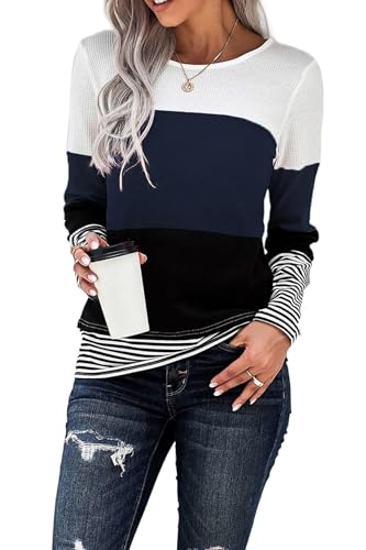 Daspkuwy Damen Leichte Strickpullover Langarm Gestreift Shirt Herbst Lässig Rundhals Colorblock Elegant Sweatshirt Tunika Tops (Navy,XXL) von Daspkuwy