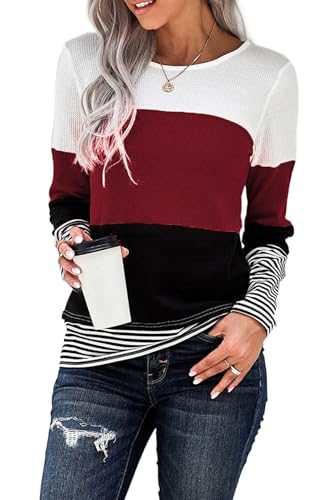 Daspkuwy Damen Pullover Herbst Rundhals Langarmshirt Leichtes Oversize Sweatshirt Gestreifte Elegant Winter Strickpullover (Weinrot,XL) von Daspkuwy
