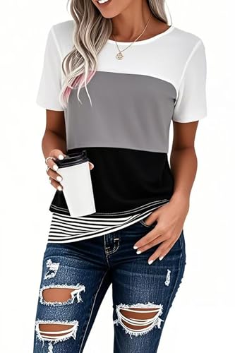 Daspkuwy Damen T-Shirt Gestreifte Kurzarmpullover mit Farbblock Damen Sommer Strickpullover Elegant Leichte Casual Oberteile (Grau,S) von Daspkuwy