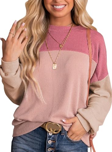 Daspkuwy Pulli Damen Rundhalsausschnitt Moderne Gestreifter Herbst Pullover Damen Elegant Colorblock Gestreiftes Winter Langarmshirt (Rosa,M) von Daspkuwy