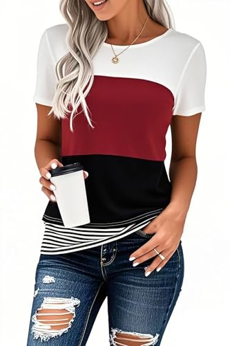 Daspkuwy Pullover Damen Baumwolle Blend Kurzarm Leichte Strickpullover Rundhals Frühjahr Sommer Elegant Pulli Bluse (Weinrot,S) von Daspkuwy